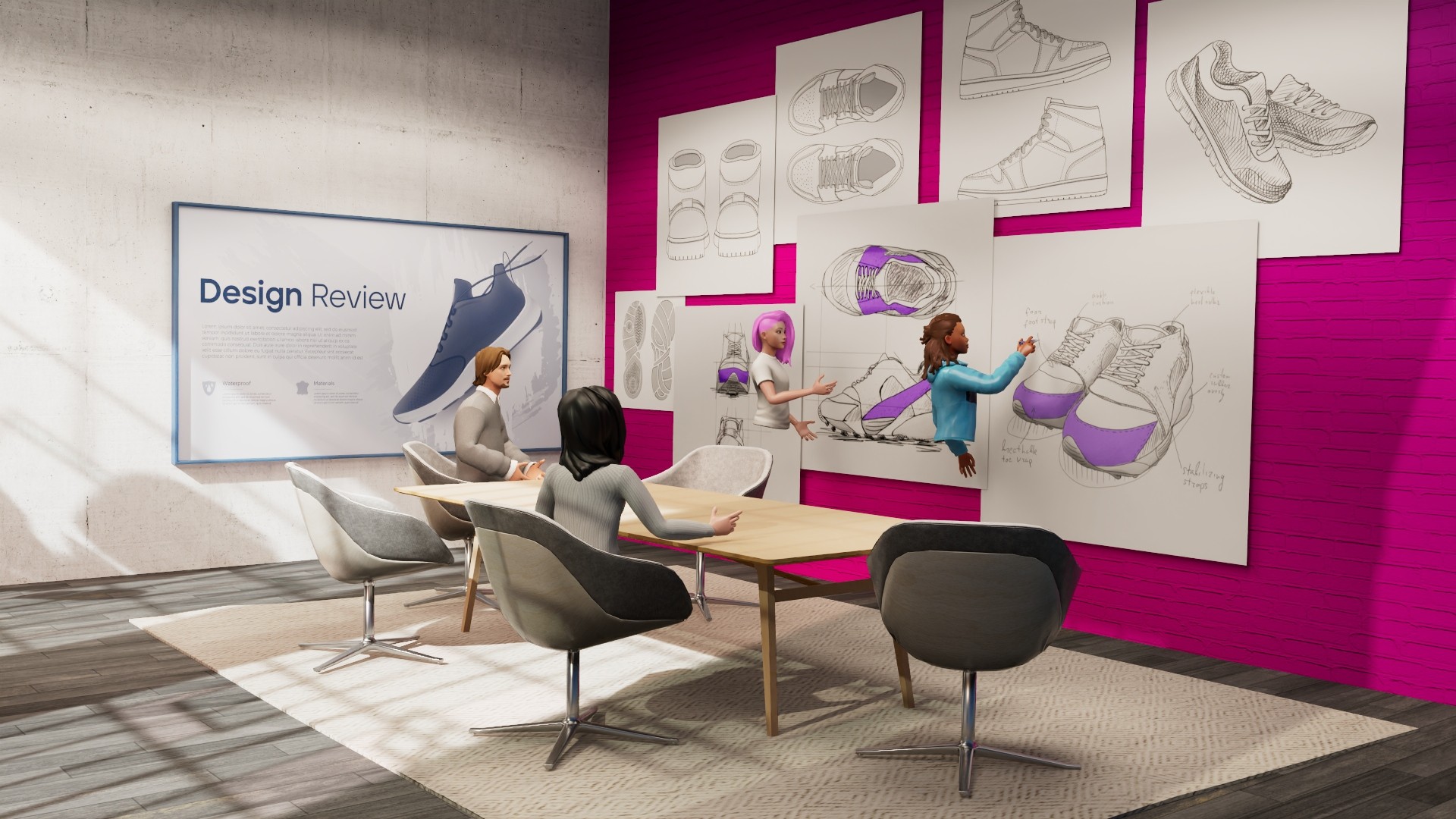 A creative team working inside a reTHINK spatial war room, surrounded by campaign boards and reference walls