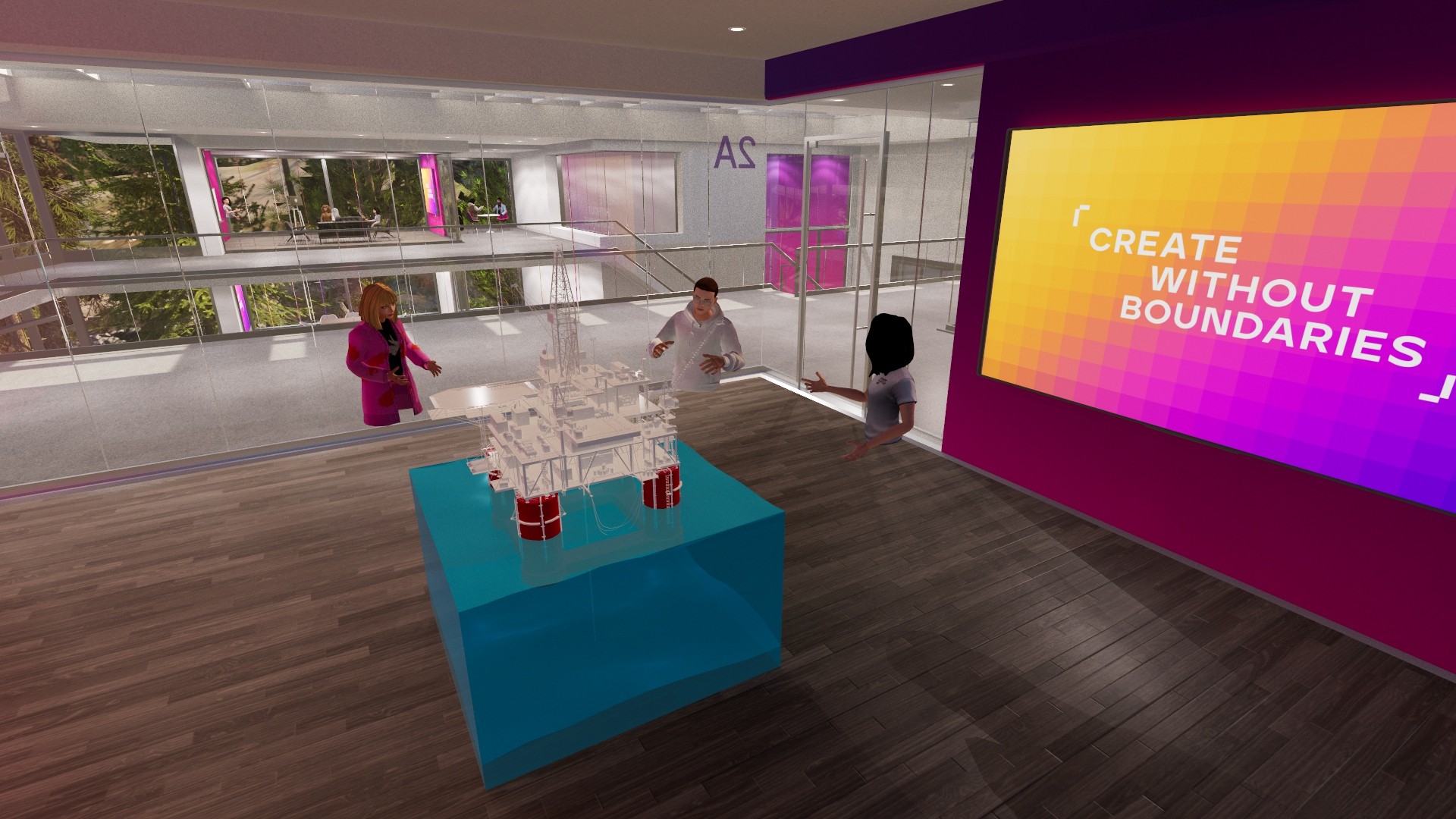 Three people reviewing a scale 3D rig model in a reTHINK atrium lobby