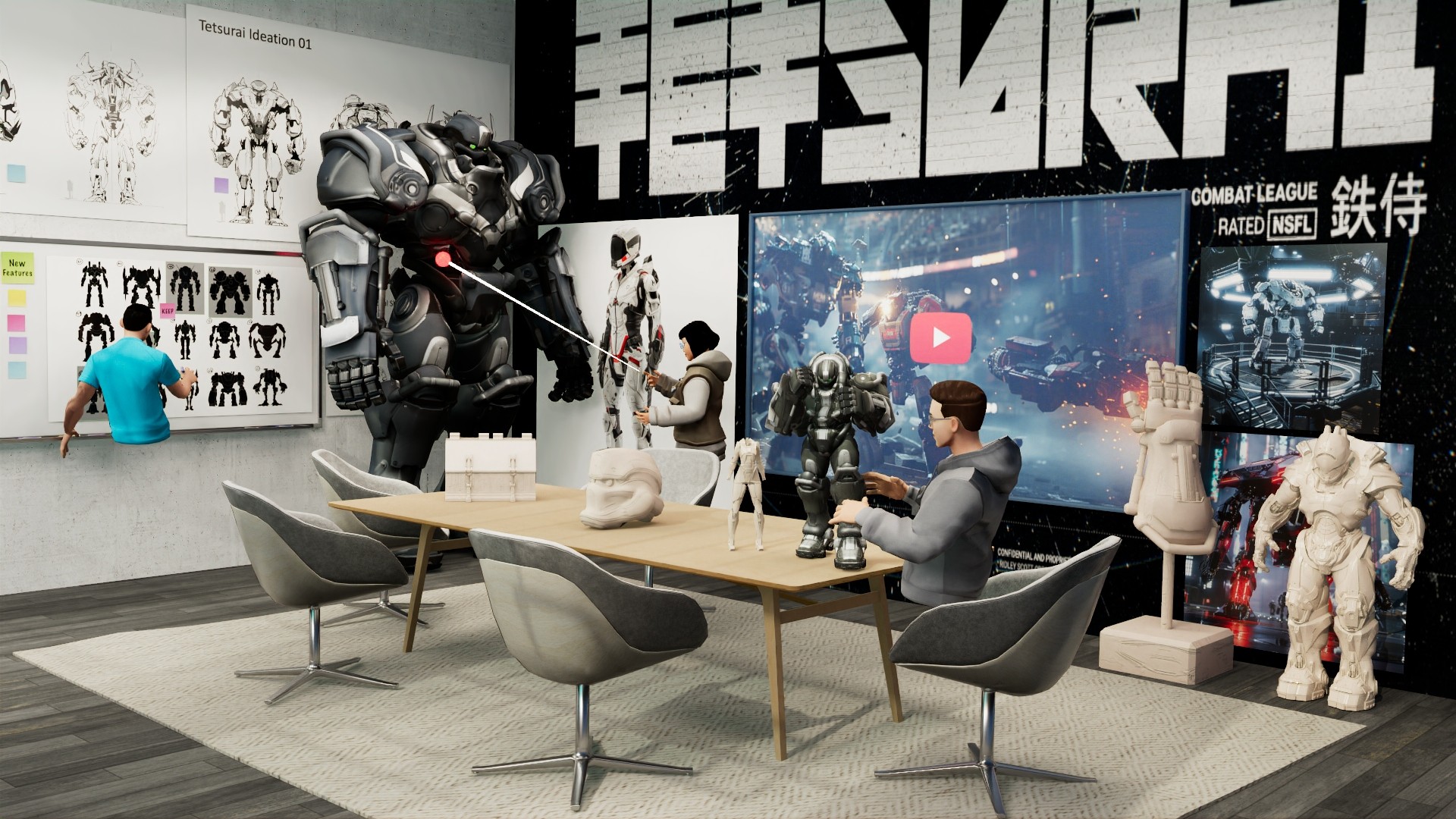 A reTHINK concept war room with character designs, 3D models and video across every wall