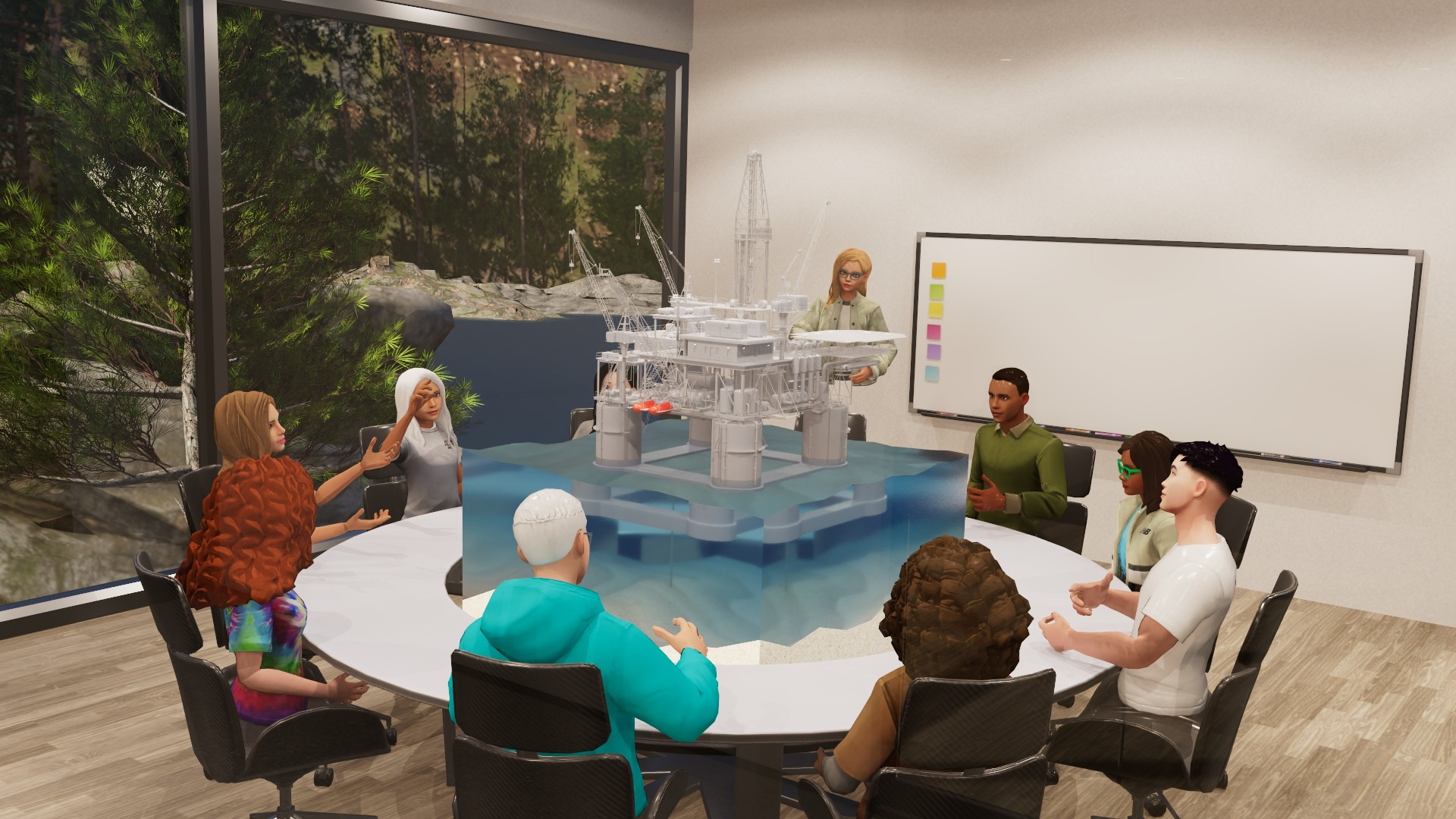 A team seated around a table reviewing a full 3D rig model floating above it in reTHINK