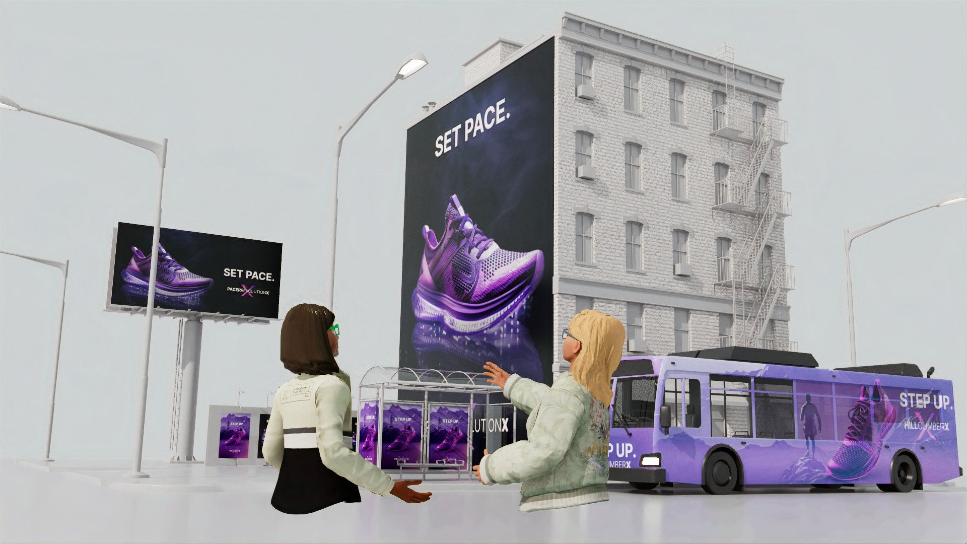 Out-of-home campaign visualized at full scale in reTHINK — a building wall mural, billboard, bus wrap and transit shelter posters reviewed together