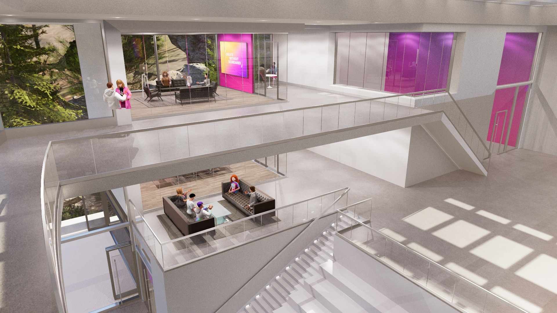 An overhead view of a multi-level reTHINK campus with breakout rooms in use