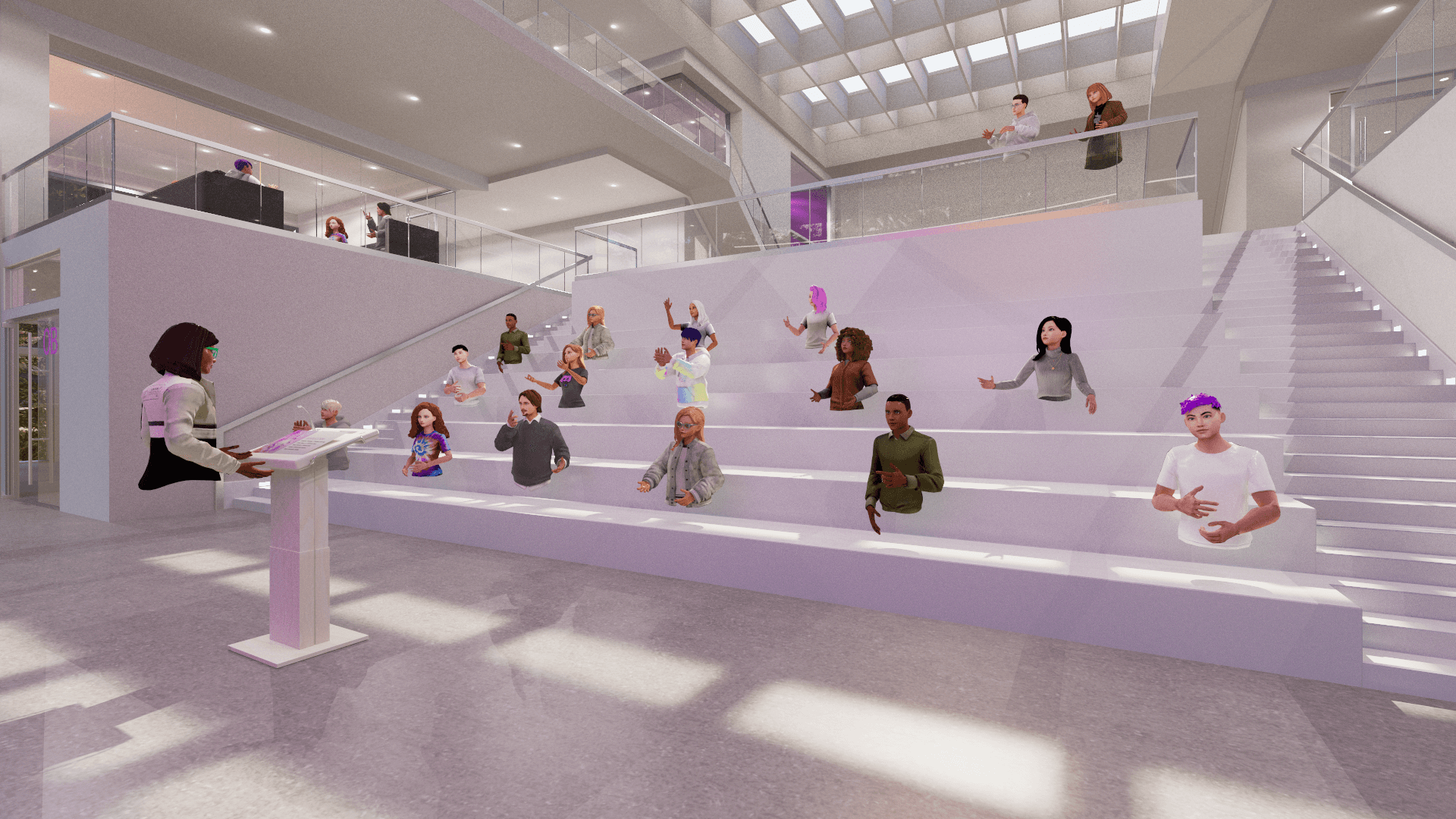 A presenter addressing a seated audience on the stairs of a reTHINK campus atrium
