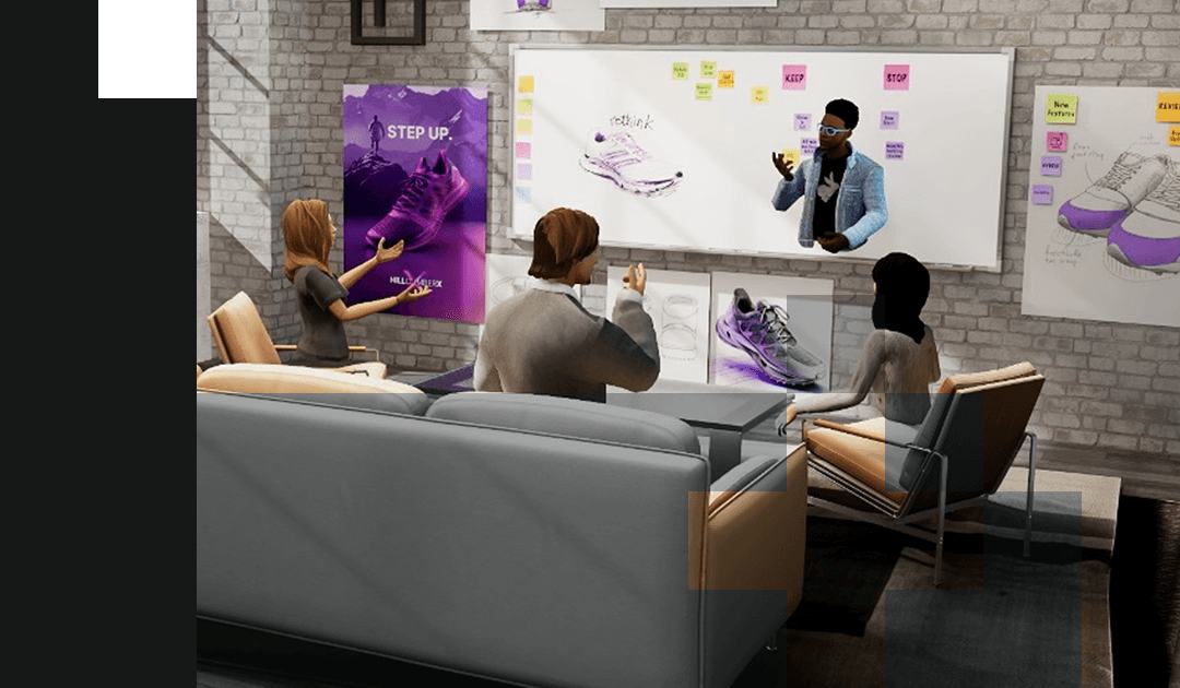 reTHINK brainstorm session with sticky notes and reference boards on the walls around a team