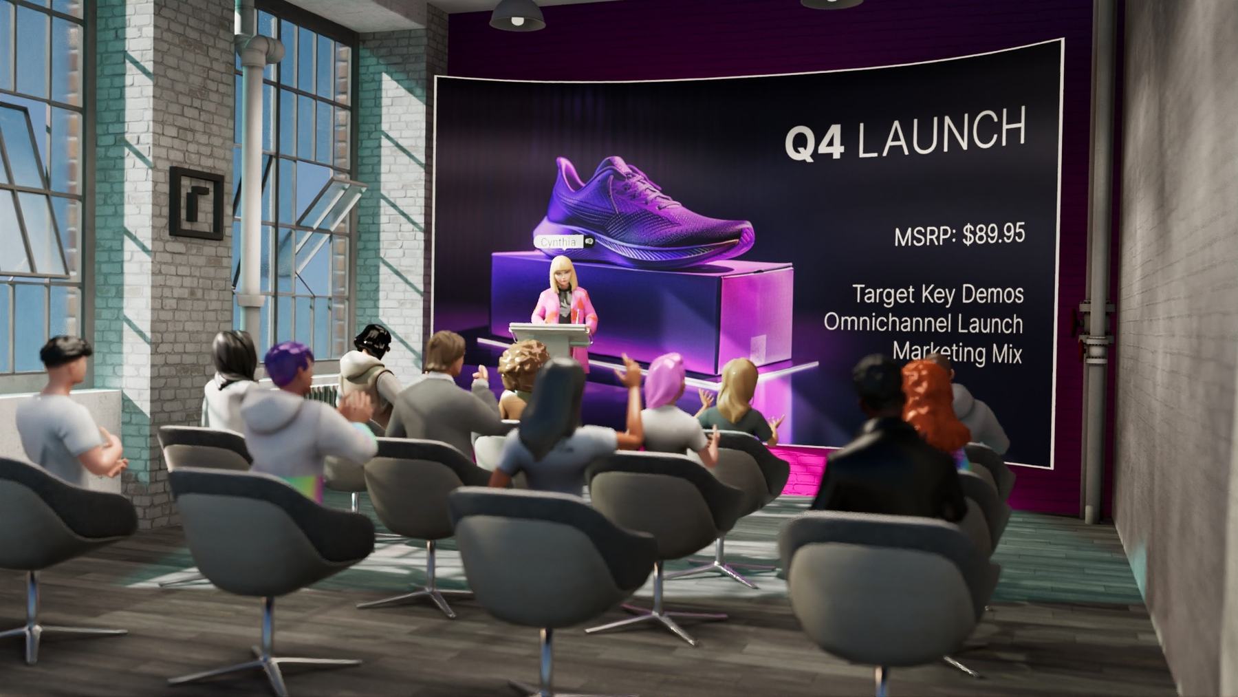 A launch presentation in reTHINK with a large campaign wall in front of a seated audience