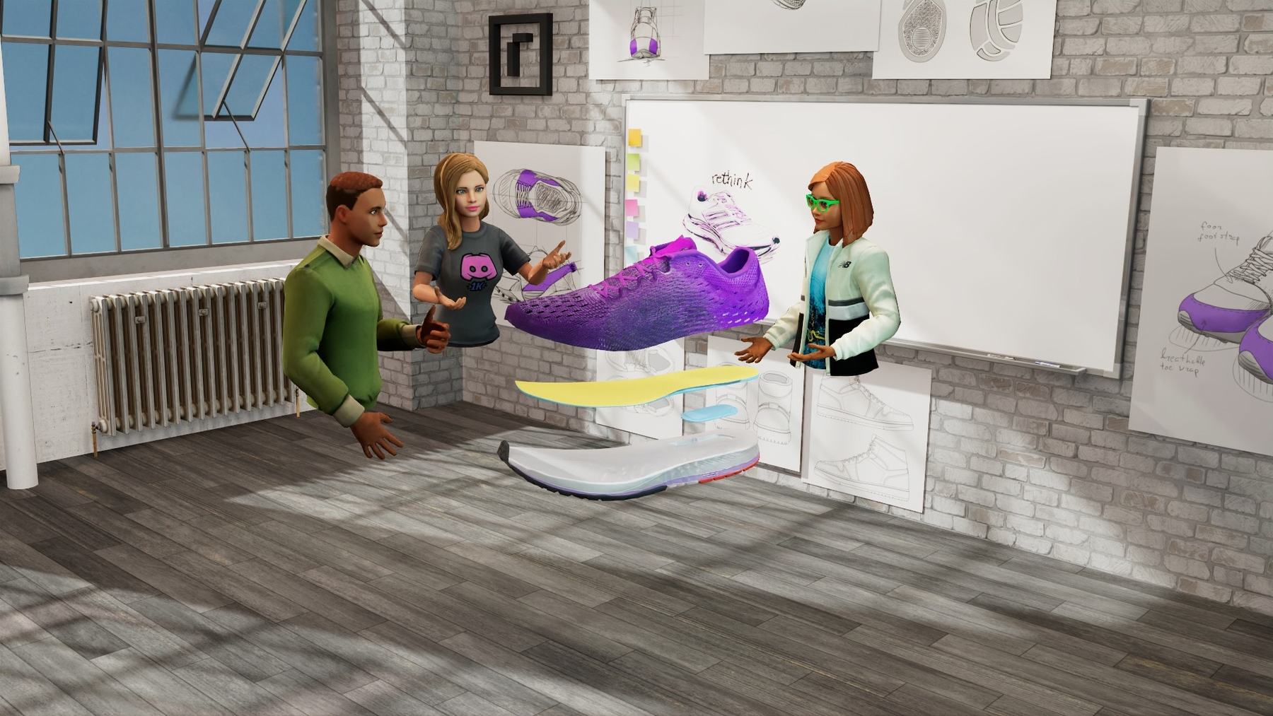 Team reviewing a 3D product concept at full scale inside a reTHINK space